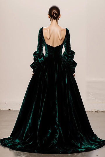 Dark Green Velvet Long Sleeve Evening Dress